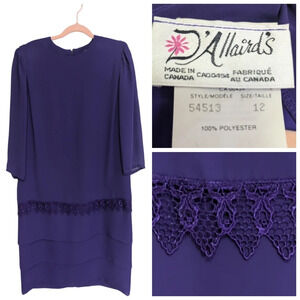 D'Allairds Solid Purple Drop Waist Shift Dress Layered Lace  Hem Size 12